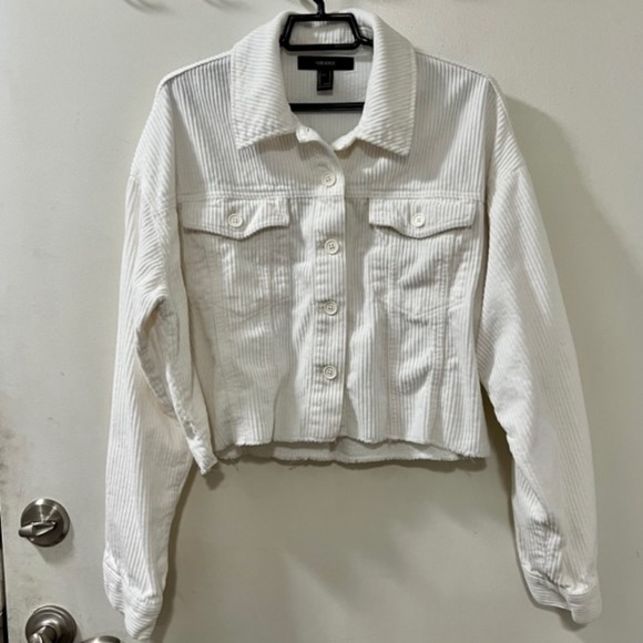 Forever 21 Womens Cream Corduroy Cropped Button Long Sleeve Shirt Jacket Sz LG - Picture 4 of 9
